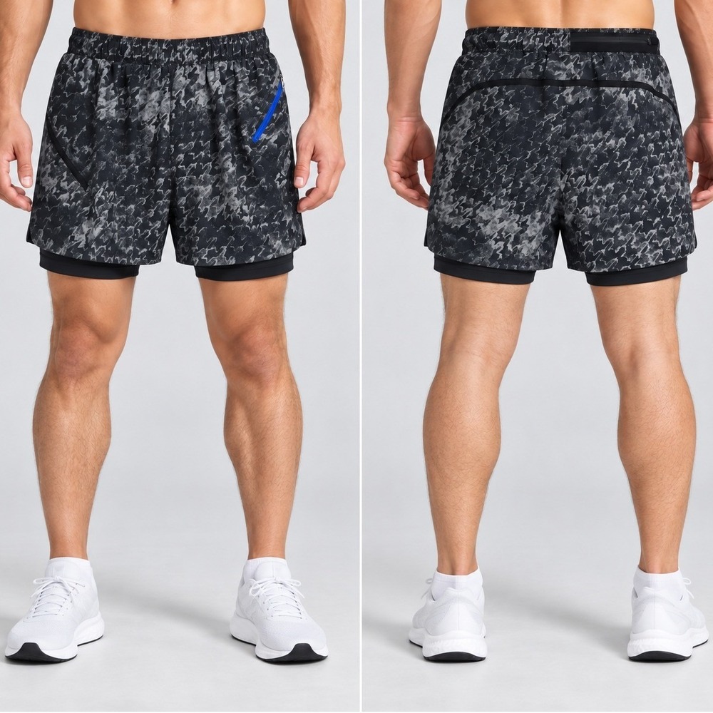 Lululemon Surge Short 6" Lined Men's Medium Gray Black Abstract Blue Zip Pocket